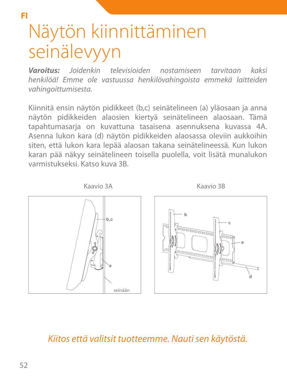 Näytön kiinnittäminen seinälevyyn | Acme PLB103B User Manual | Page 52 / 102