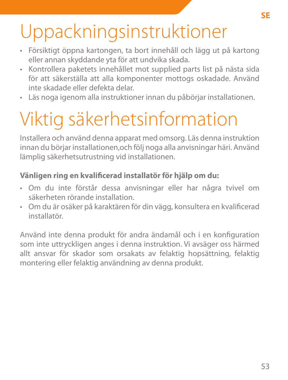 Uppackningsinstruktioner, Viktig säkerhetsinformation | Acme PLB103B User Manual | Page 53 / 102