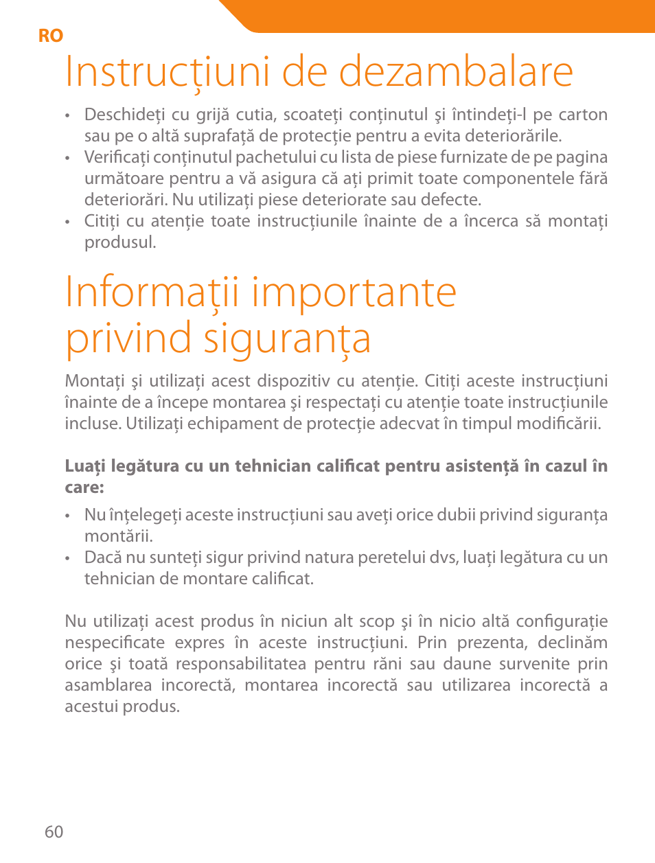 Instrucţiuni de dezambalare, Informaţii importante privind siguranţa | Acme PLB103B User Manual | Page 60 / 102