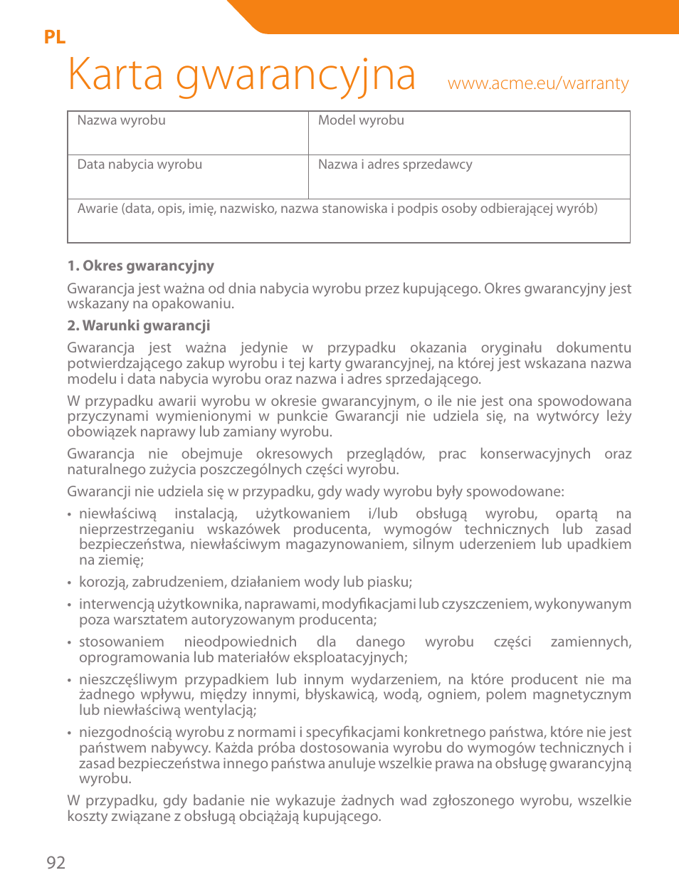 Karta gwarancyjna | Acme PLB103B User Manual | Page 92 / 102