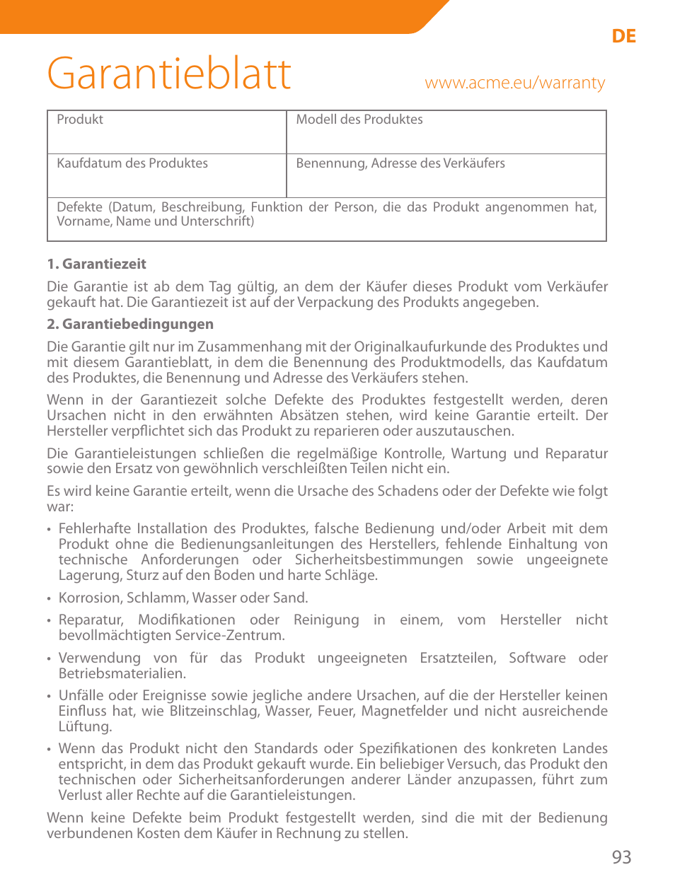 Garantieblatt, 93 de | Acme PLB103B User Manual | Page 93 / 102