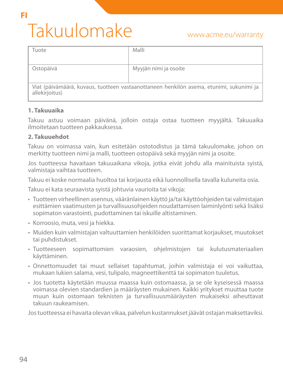 Takuulomake | Acme PLB103B User Manual | Page 94 / 102