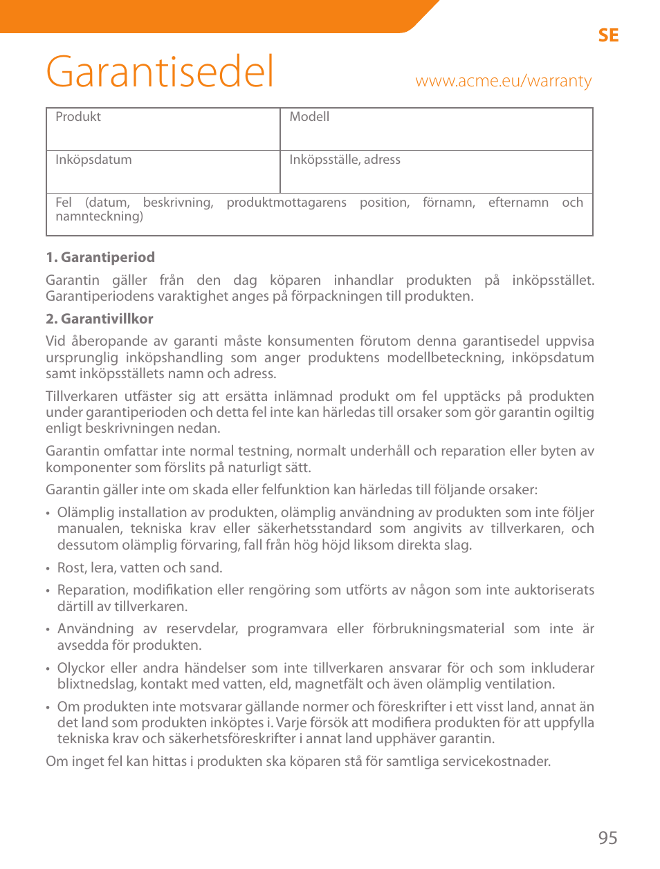 Garantisedel, 95 se | Acme PLB103B User Manual | Page 95 / 102