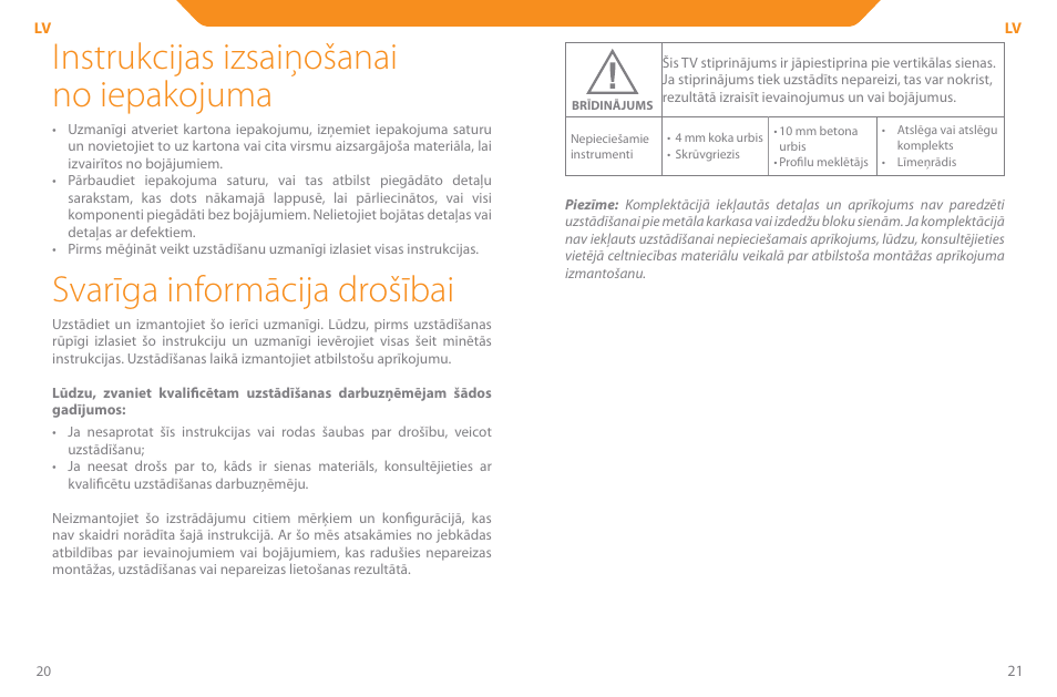 Instrukcijas izsaiņošanai no iepakojuma, Svarīga informācija drošībai | Acme PLB110S User Manual | Page 11 / 57