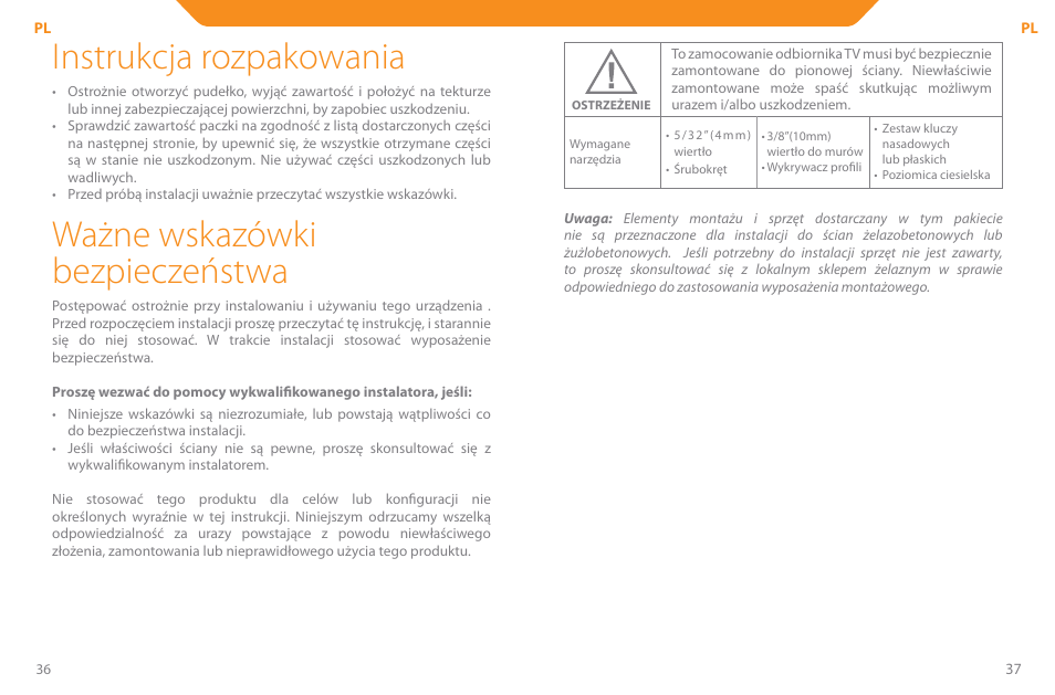 Instrukcja rozpakowania, Ważne wskazówki bezpieczeństwa | Acme PLB110S User Manual | Page 19 / 57