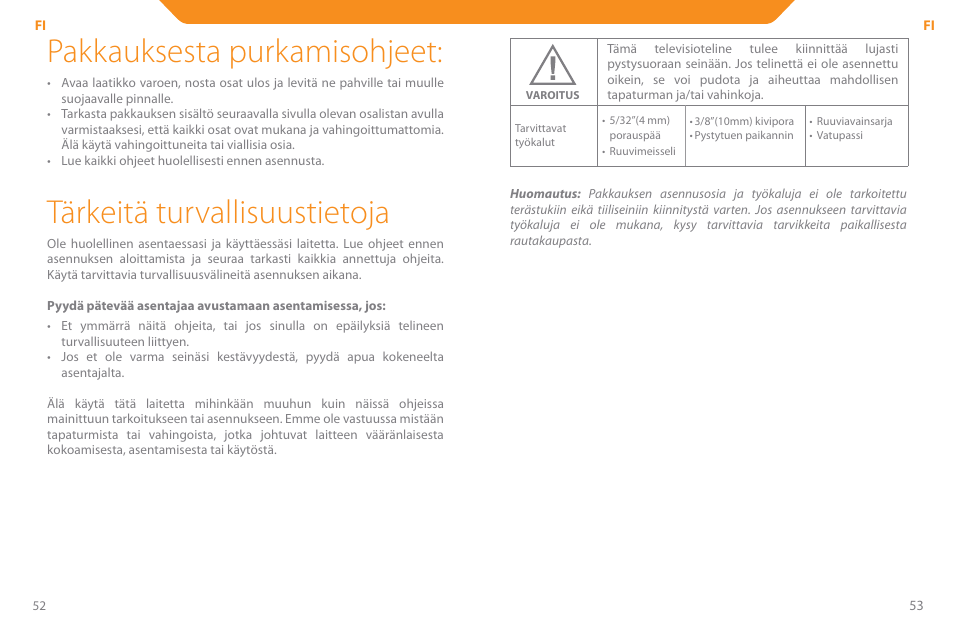 Pakkauksesta purkamisohjeet, Tärkeitä turvallisuustietoja | Acme PLB110S User Manual | Page 27 / 57