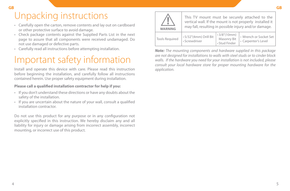Unpacking instructions, Important safety information | Acme PLB110S User Manual | Page 3 / 57