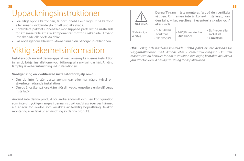 Uppackningsinstruktioner, Viktig säkerhetsinformation | Acme PLB110S User Manual | Page 31 / 57
