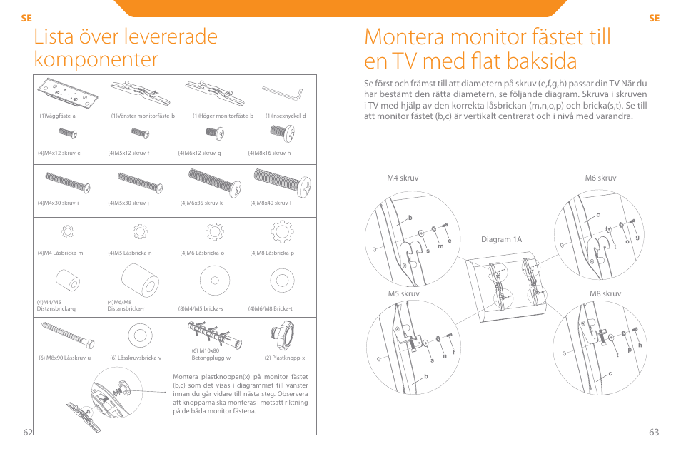 Montera monitor fästet till en tv med flat baksida, Lista över levererade komponenter | Acme PLB110S User Manual | Page 32 / 57