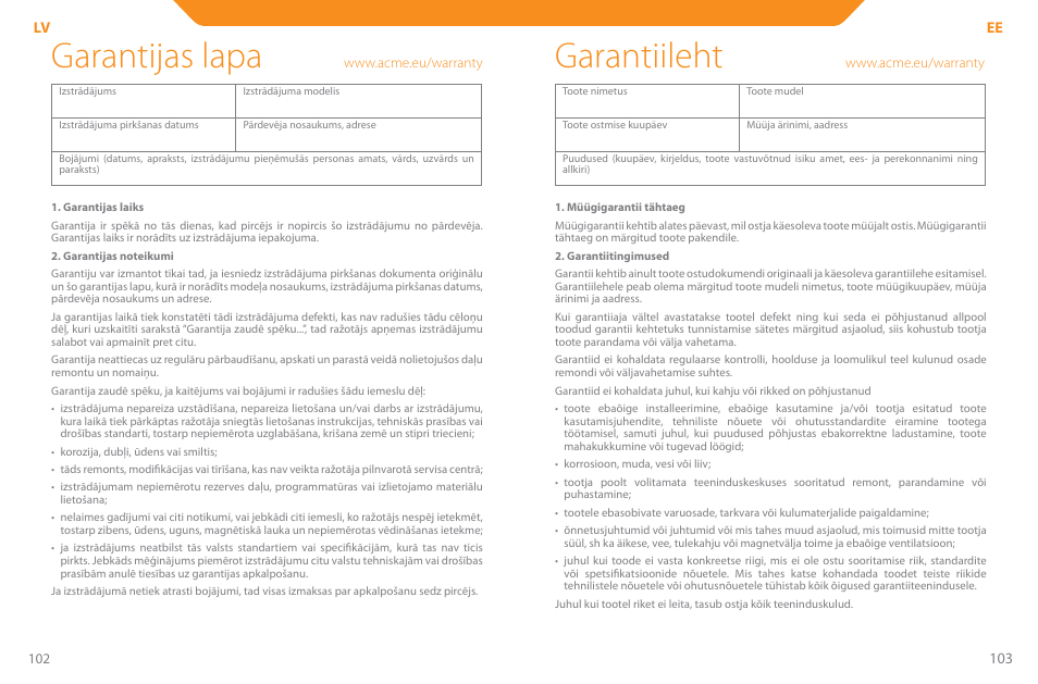 Garantijas lapa, Garantiileht | Acme PLB110S User Manual | Page 52 / 57