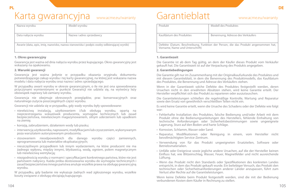 Karta gwarancyjna, Garantieblatt | Acme PLB110S User Manual | Page 53 / 57