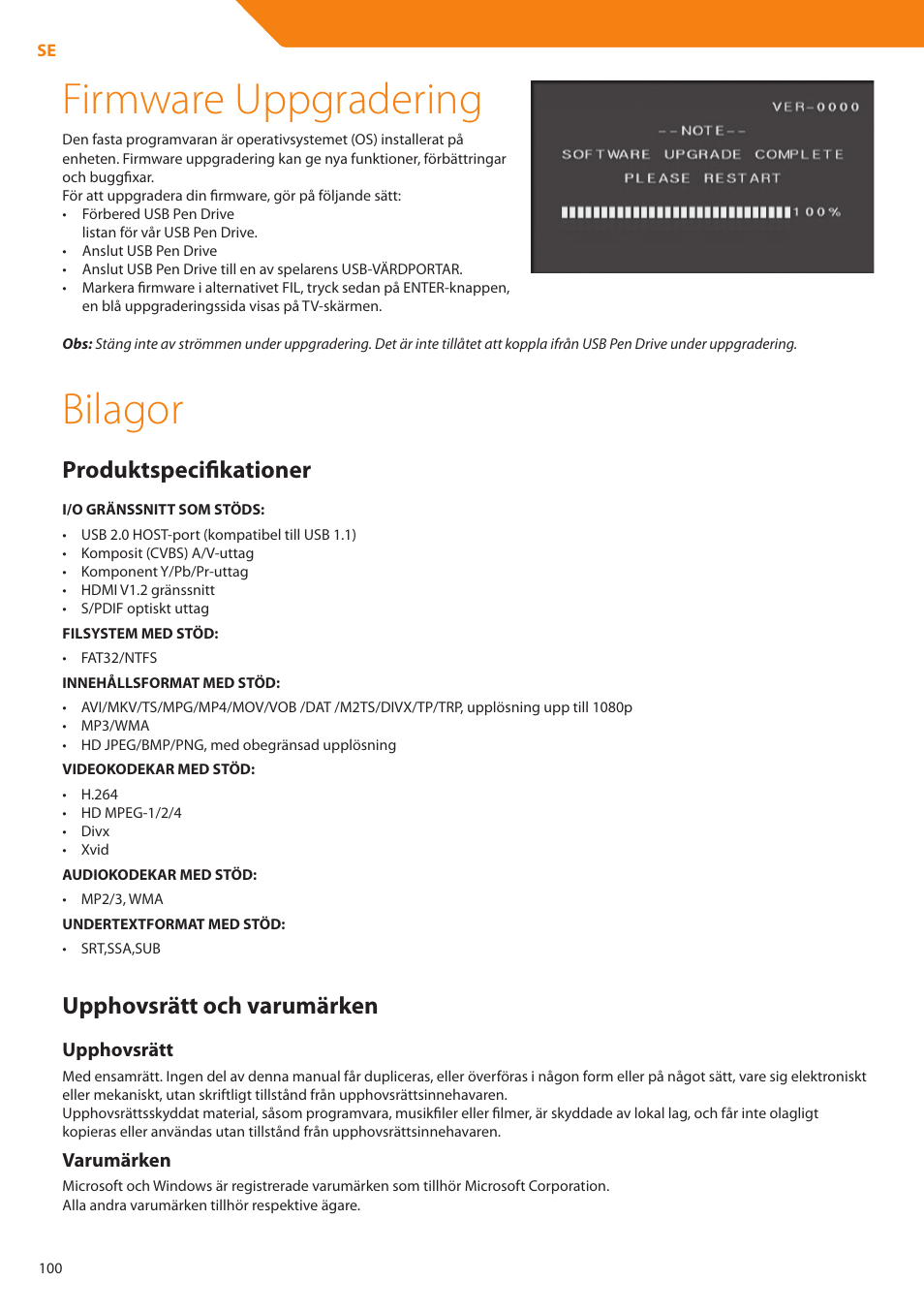 Firmware uppgradering, Bilagor, Produktspecifikationer | Upphovsrätt och varumärken | Acme DP01 User Manual | Page 100 / 164