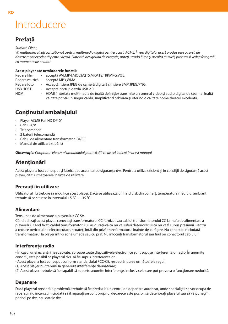 Introducere, Prefaţă, Conţinutul ambalajului | Atenţionări | Acme DP01 User Manual | Page 102 / 164
