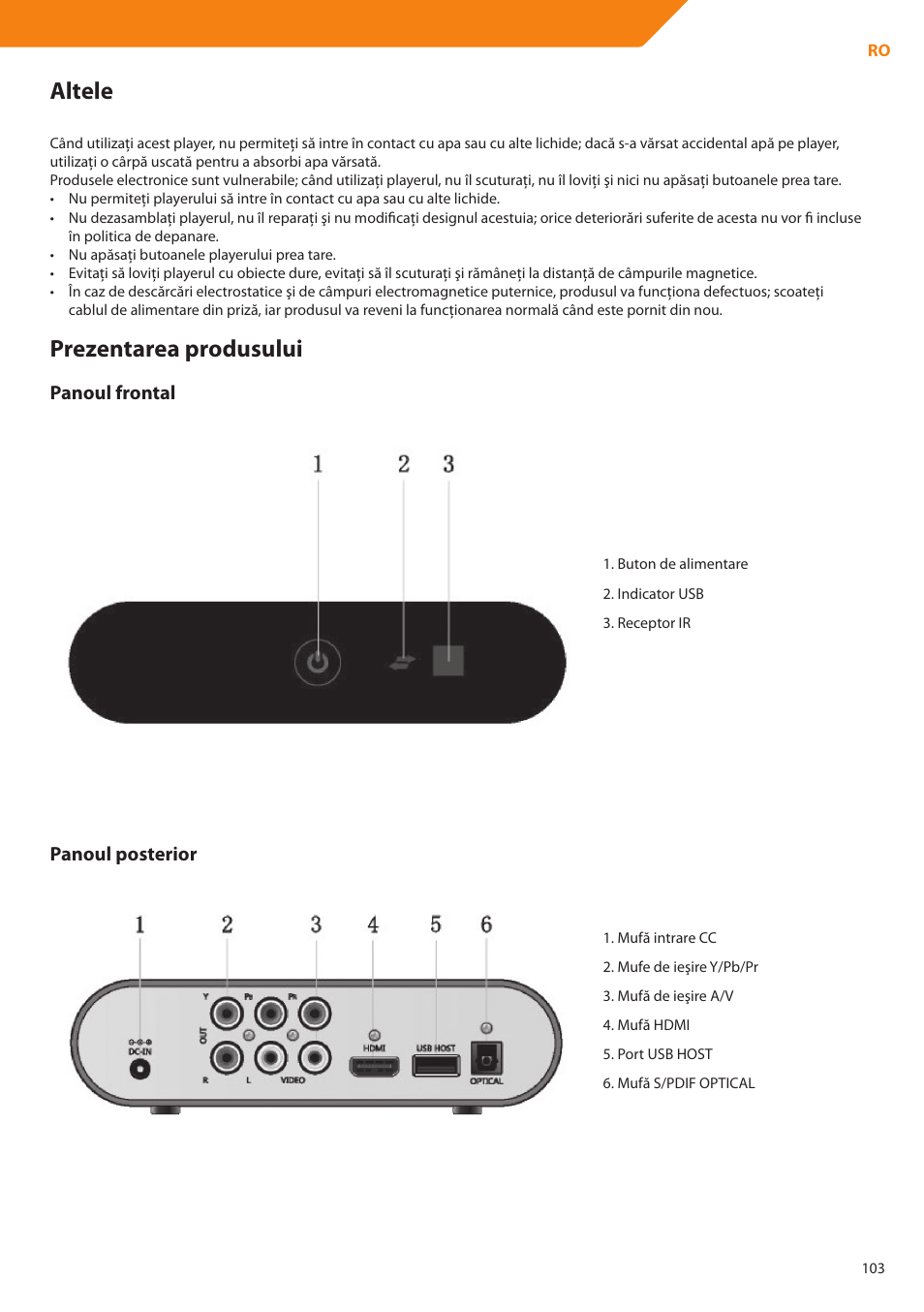 Altele, Prezentarea produsului, Panoul posterior | Panoul frontal | Acme DP01 User Manual | Page 103 / 164