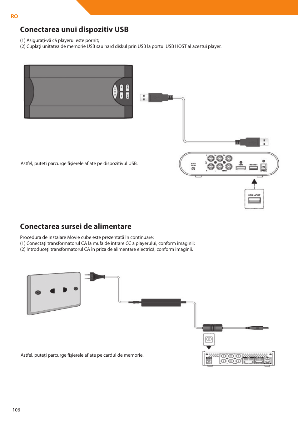 Conectarea unui dispozitiv usb, Conectarea sursei de alimentare | Acme DP01 User Manual | Page 106 / 164