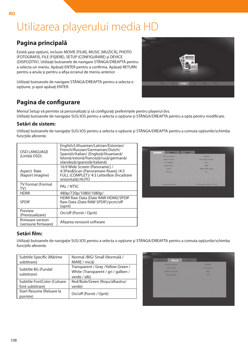 Utilizarea playerului media hd, Pagina principală, Pagina de configurare | Setări de sistem, Setări film | Acme DP01 User Manual | Page 108 / 164