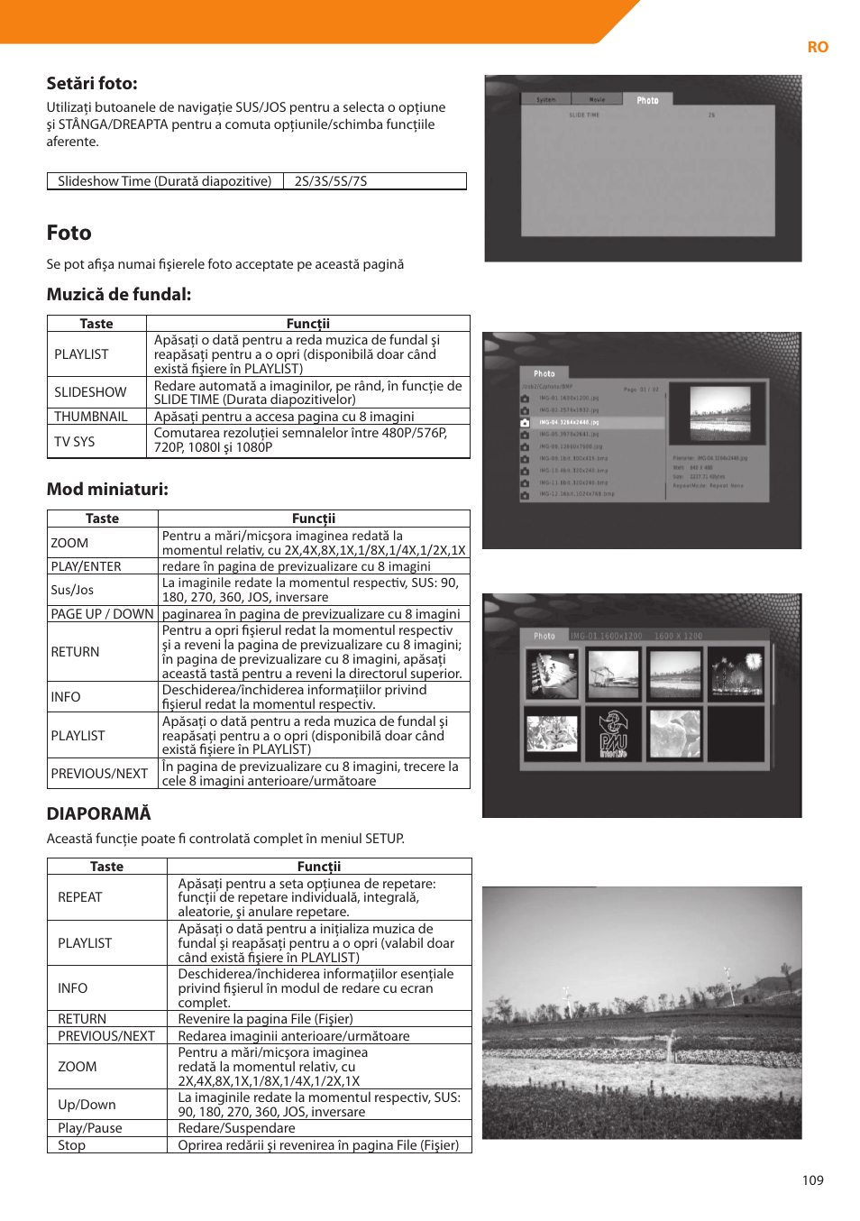 Foto, Setări foto, Muzică de fundal | Mod miniaturi, Diaporamă | Acme DP01 User Manual | Page 109 / 164