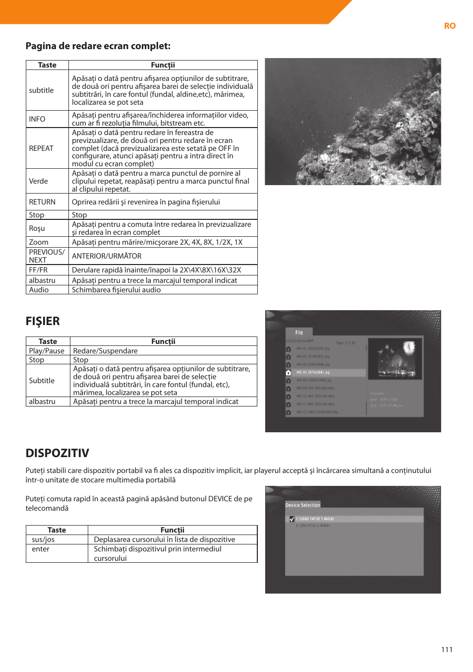 Fişier, Dispozitiv, Pagina de redare ecran complet | Acme DP01 User Manual | Page 111 / 164