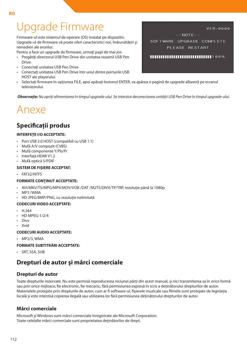 Upgrade firmware, Anexe, Specificaţii produs | Drepturi de autor şi mărci comerciale | Acme DP01 User Manual | Page 112 / 164