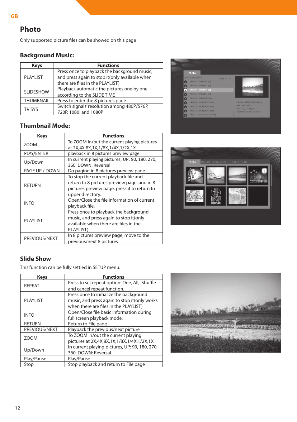 Photo, Background music, Thumbnail mode | Slide show | Acme DP01 User Manual | Page 12 / 164
