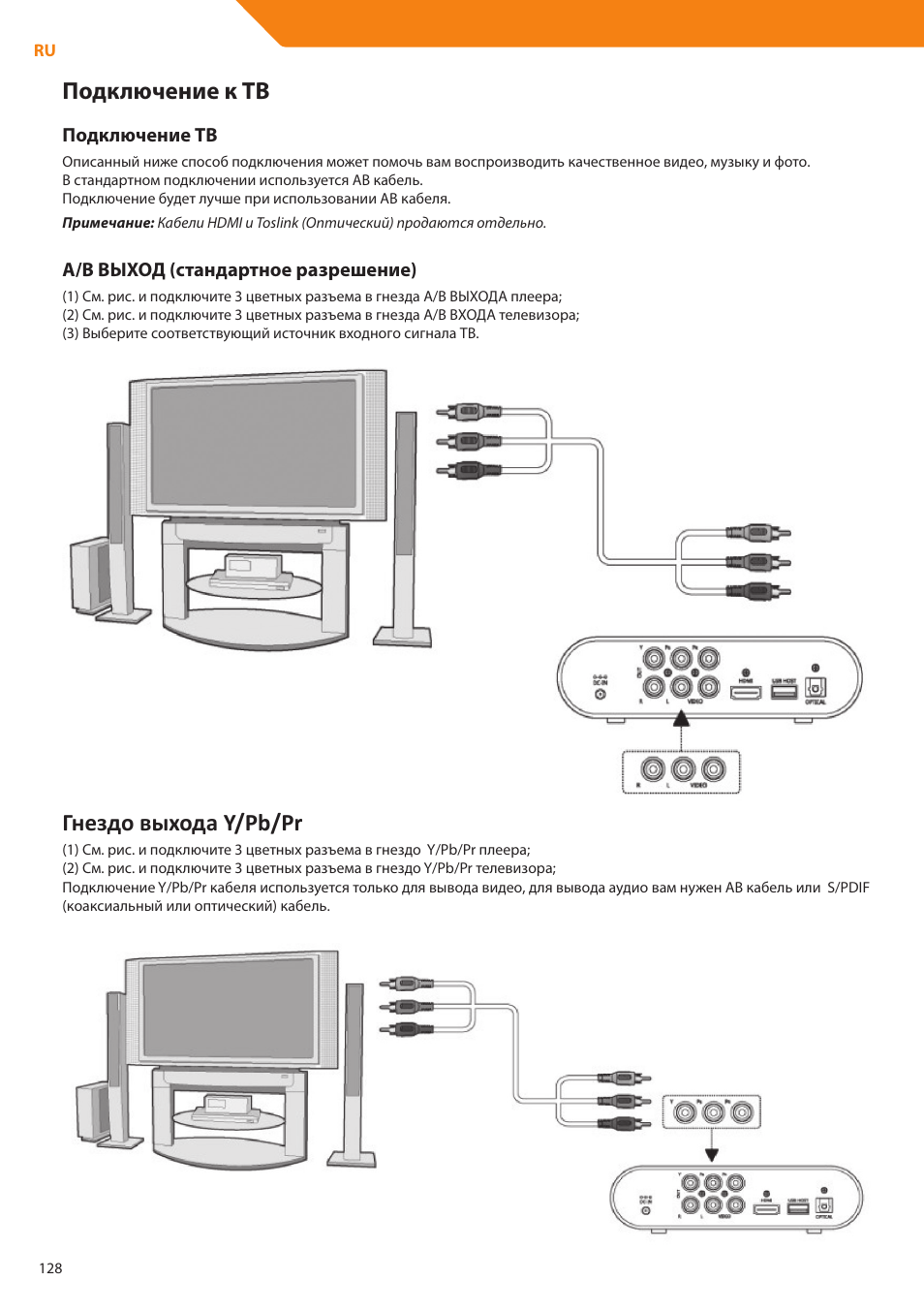 Подключение к тв, Гнездо выхода y/pb/pr | Acme DP01 User Manual | Page 128 / 164