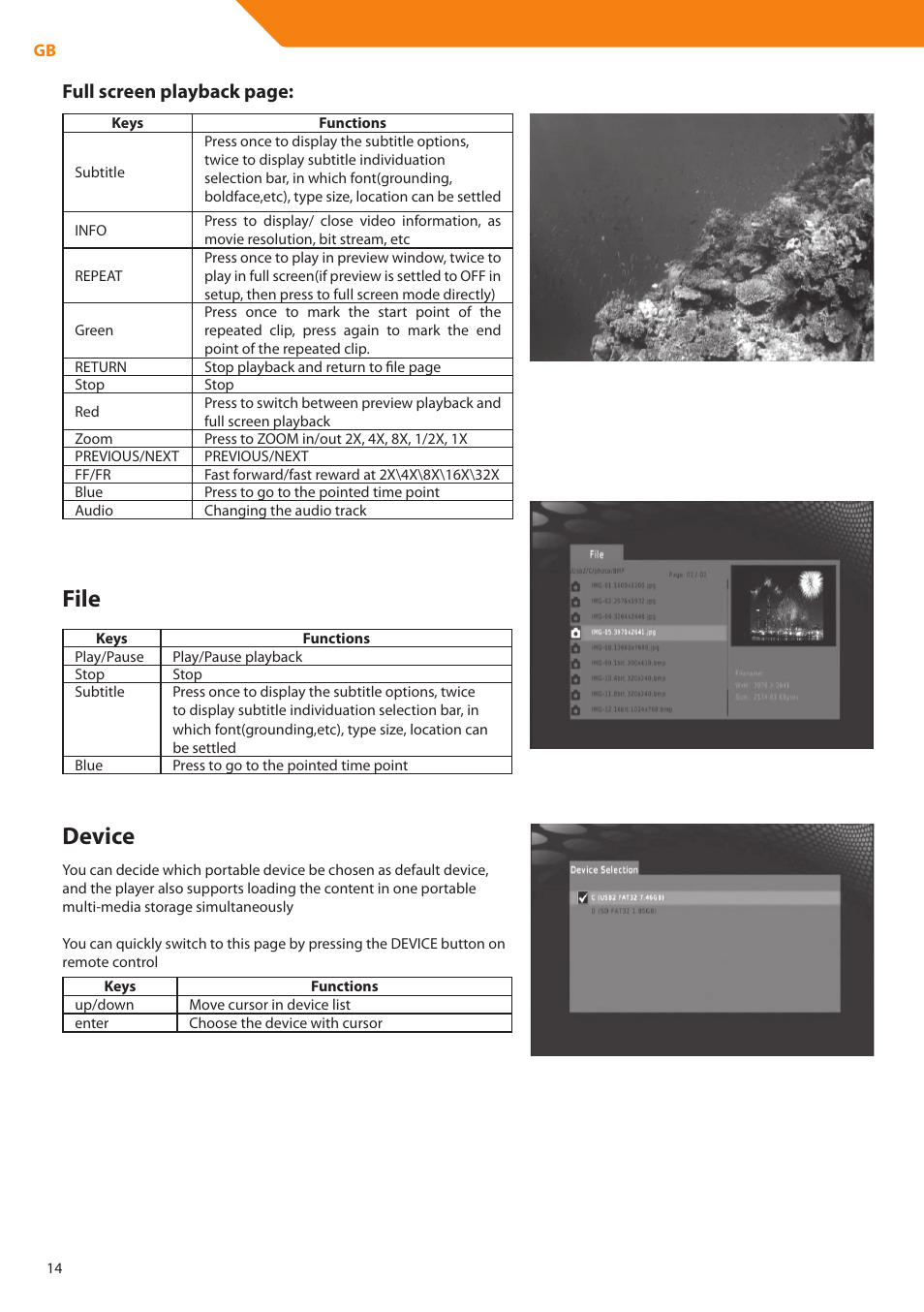 File, Device, Full screen playback page | Acme DP01 User Manual | Page 14 / 164