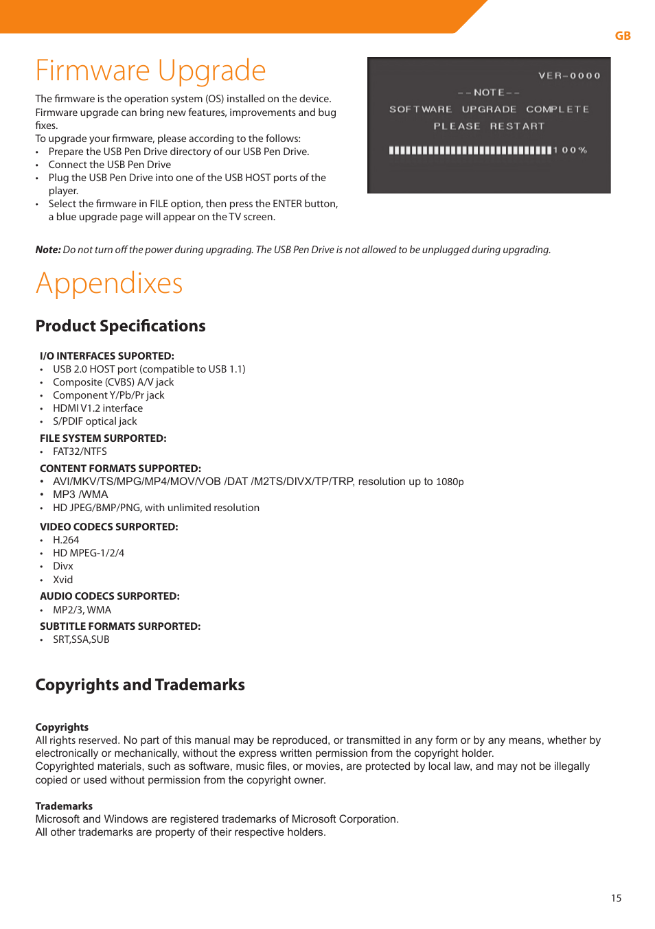 Firmware upgrade, Appendixes, Product specifications | Copyrights and trademarks | Acme DP01 User Manual | Page 15 / 164