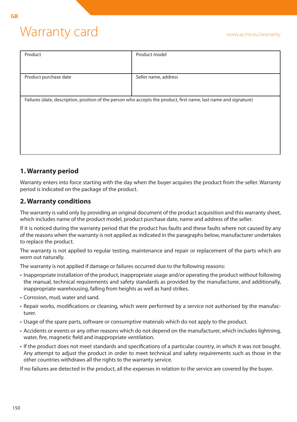 Warranty card | Acme DP01 User Manual | Page 150 / 164