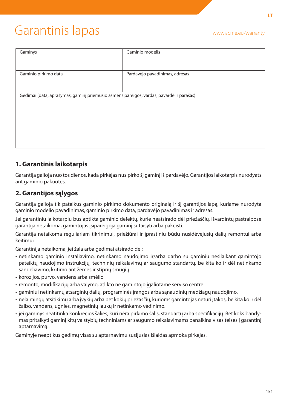 Garantinis lapas | Acme DP01 User Manual | Page 151 / 164