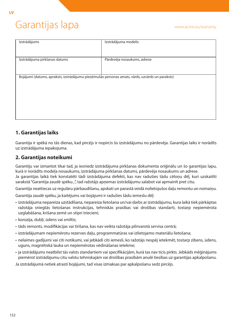 Garantijas lapa | Acme DP01 User Manual | Page 152 / 164