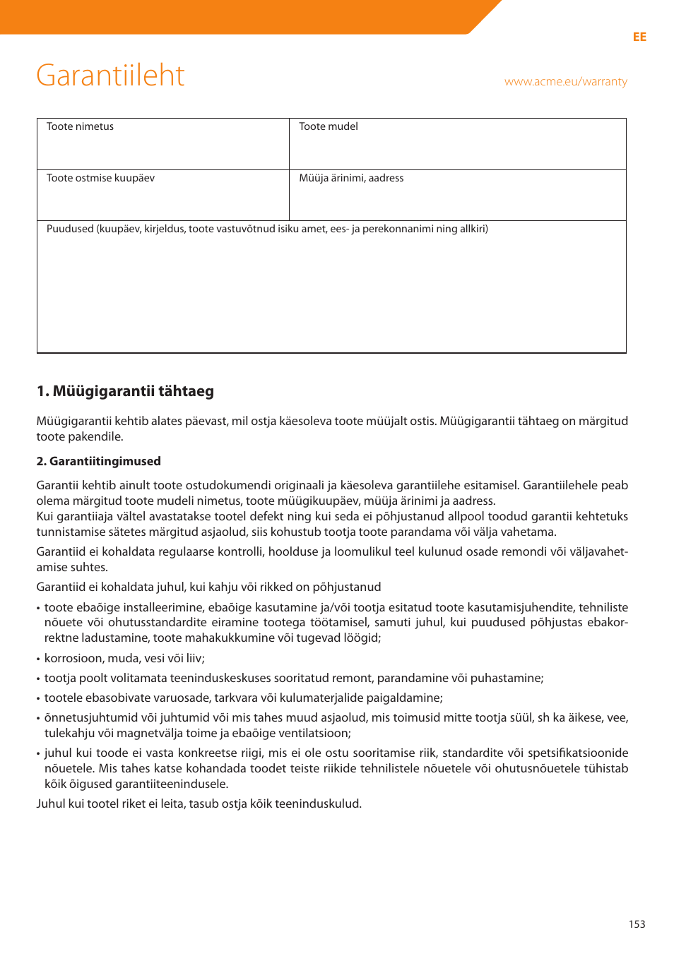 Garantiileht, Müügigarantii tähtaeg | Acme DP01 User Manual | Page 153 / 164