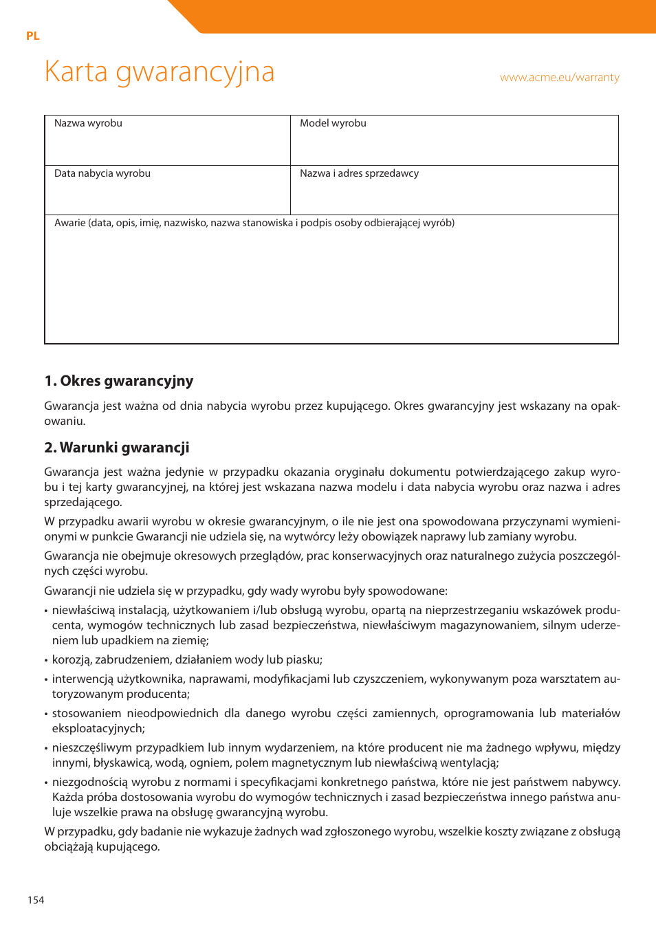 Karta gwarancyjna, Okres gwarancyjny, Warunki gwarancji | Acme DP01 User Manual | Page 154 / 164