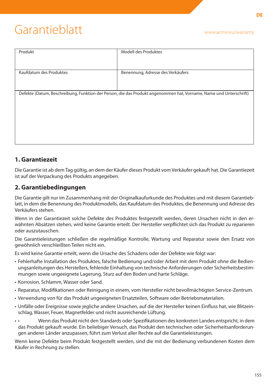 Garantieblatt | Acme DP01 User Manual | Page 155 / 164