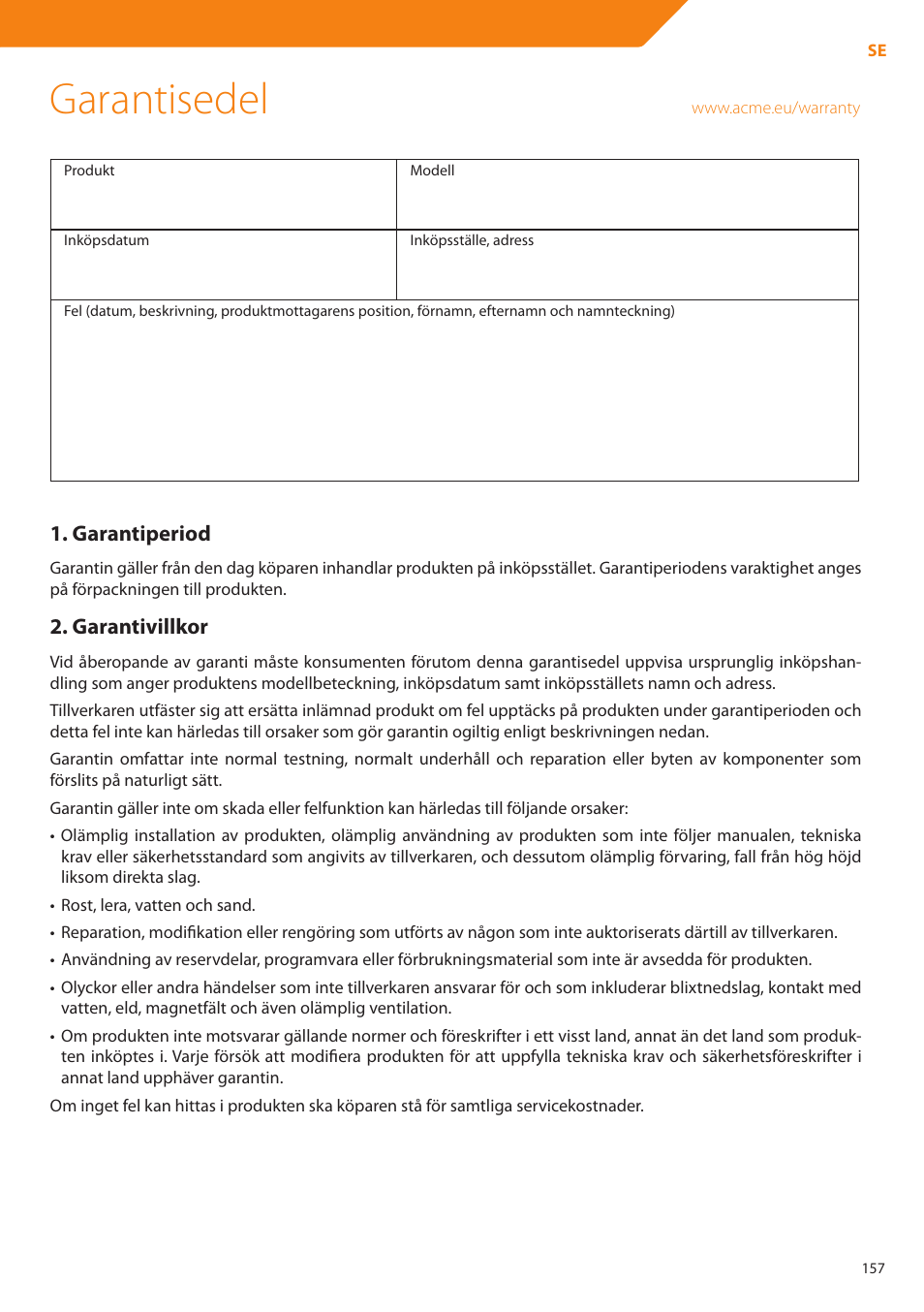 Garantisedel | Acme DP01 User Manual | Page 157 / 164