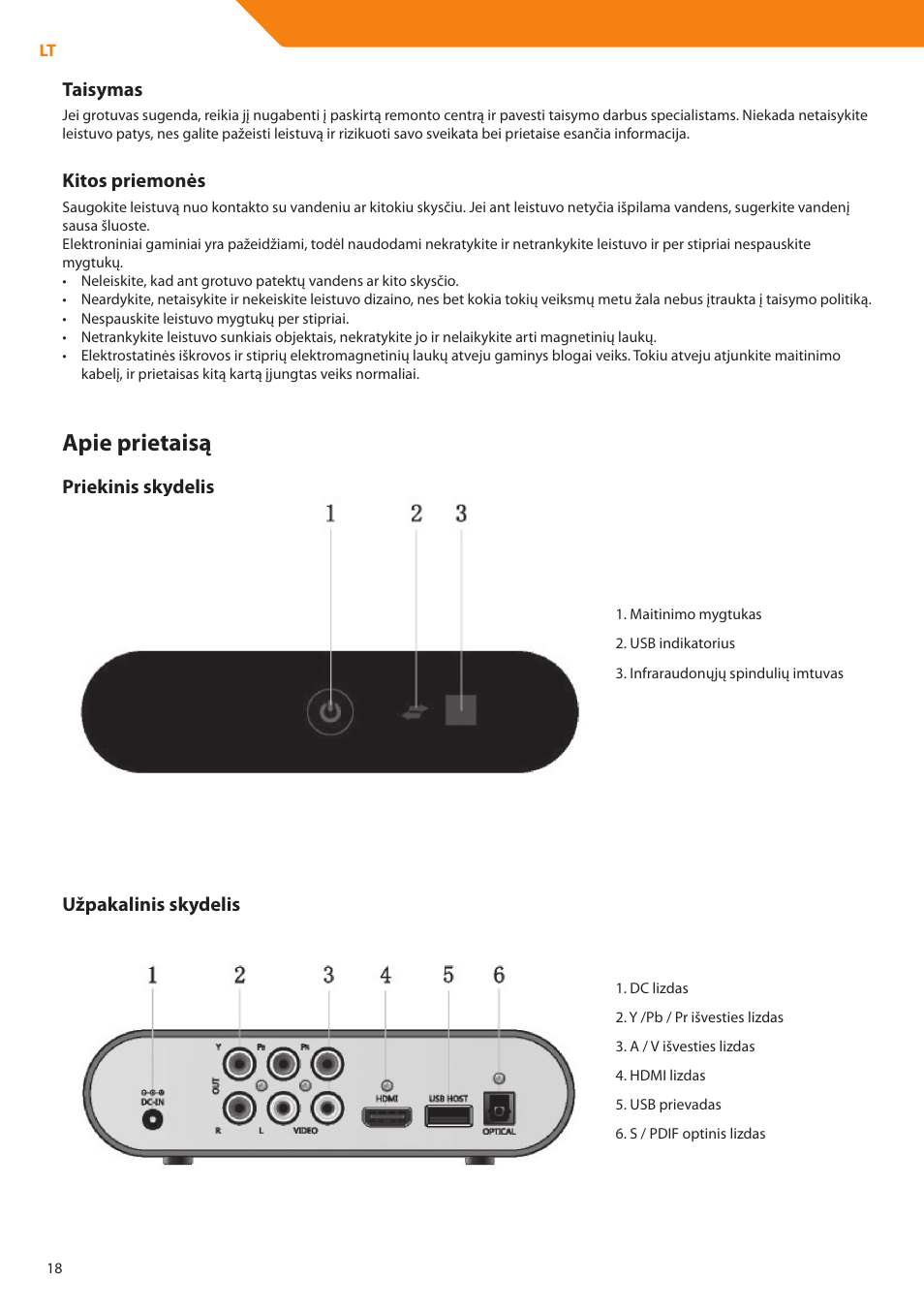 Apie prietaisą, Taisymas, Kitos priemonės | Priekinis skydelis, Užpakalinis skydelis | Acme DP01 User Manual | Page 18 / 164