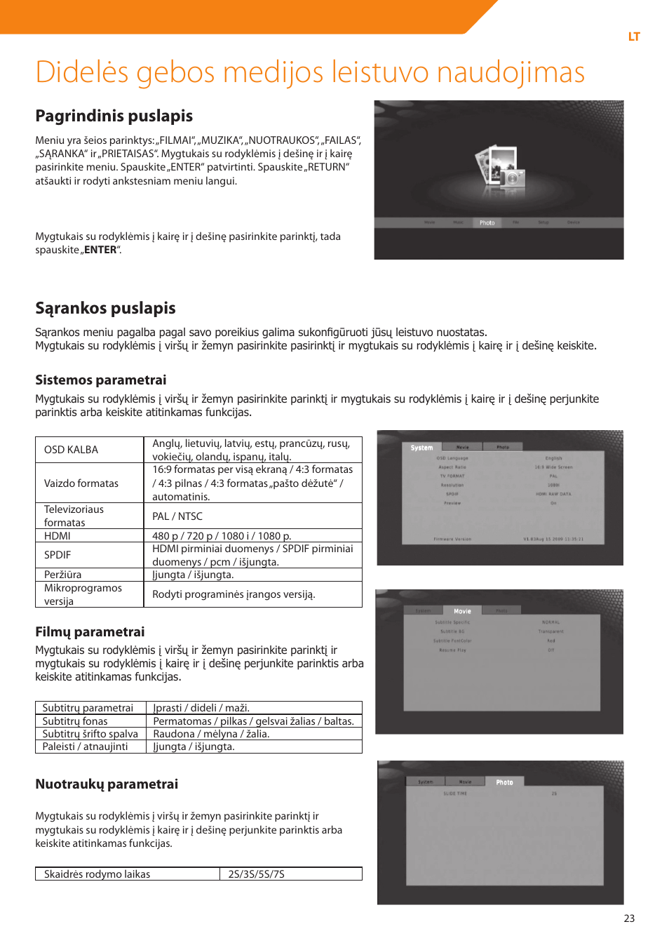 Didelės gebos medijos leistuvo naudojimas, Pagrindinis puslapis, Sąrankos puslapis | Sistemos parametrai, Filmų parametrai, Nuotraukų parametrai | Acme DP01 User Manual | Page 23 / 164