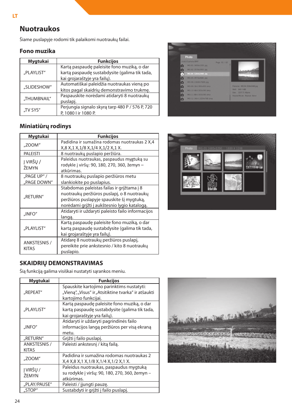 Nuotraukos, Fono muzika, Miniatiūrų rodinys | Skaidrių demonstravimas | Acme DP01 User Manual | Page 24 / 164