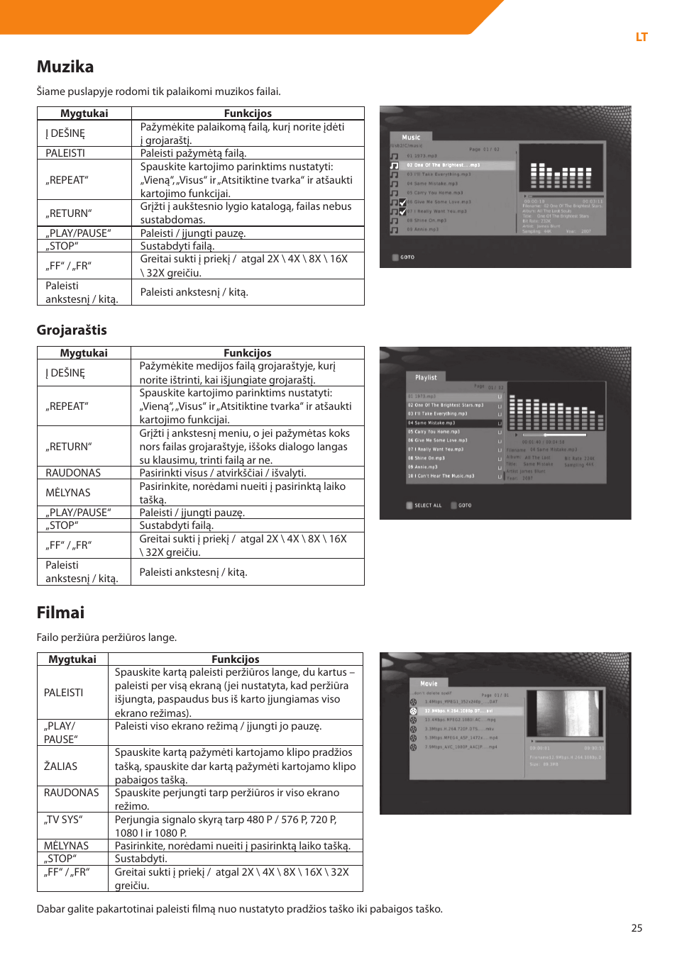 Muzika, Filmai, Grojaraštis | Acme DP01 User Manual | Page 25 / 164