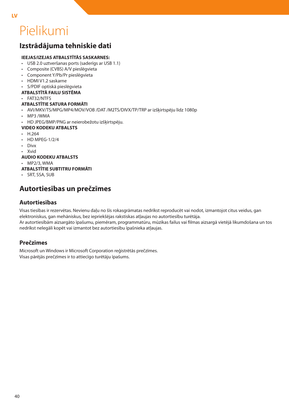Pielikumi, Autortiesības un prečzīmes, Izstrādājuma tehniskie dati | Acme DP01 User Manual | Page 40 / 164