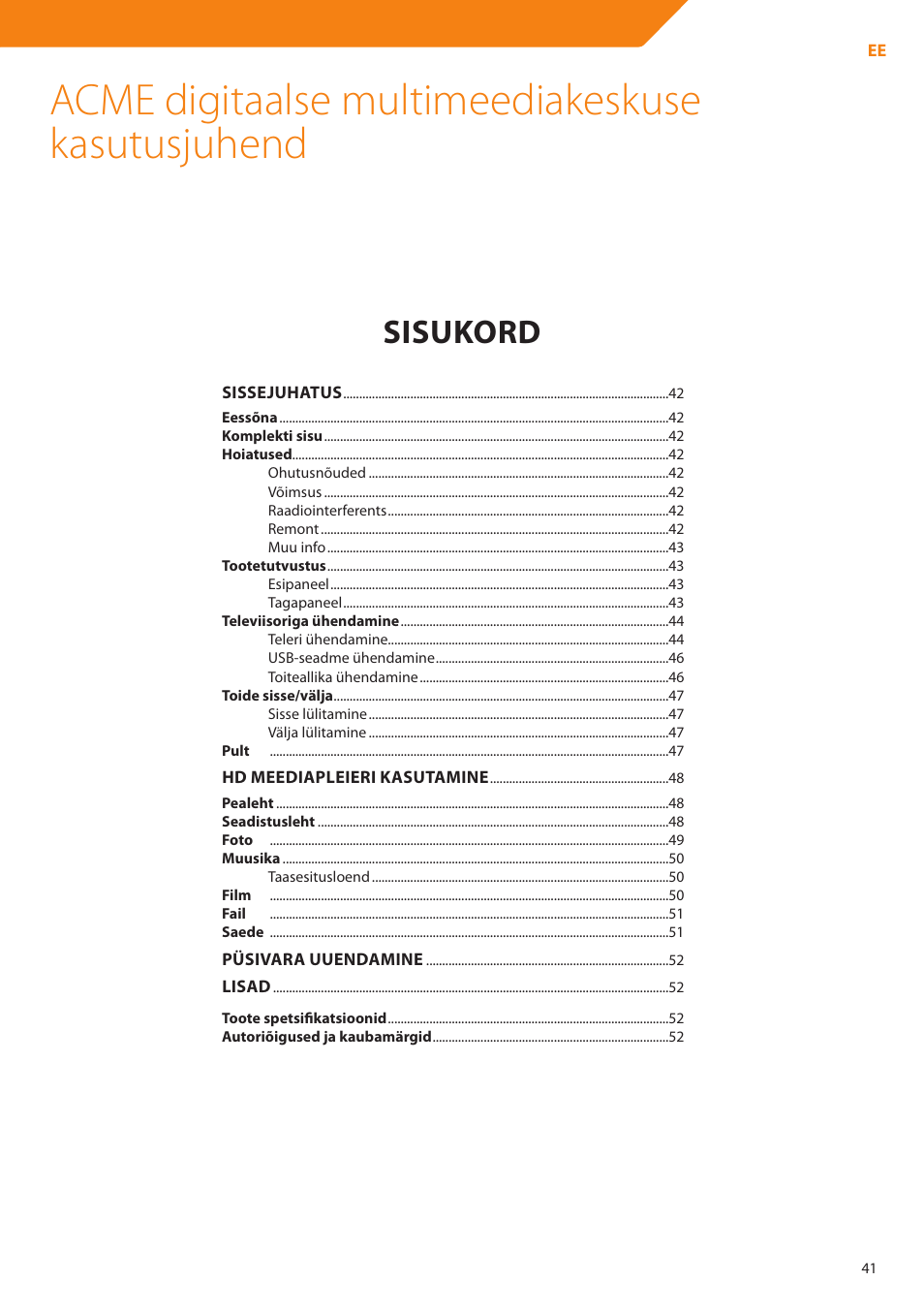Acme digitaalse multimeediakeskuse kasutusjuhend, Sisukord | Acme DP01 User Manual | Page 41 / 164