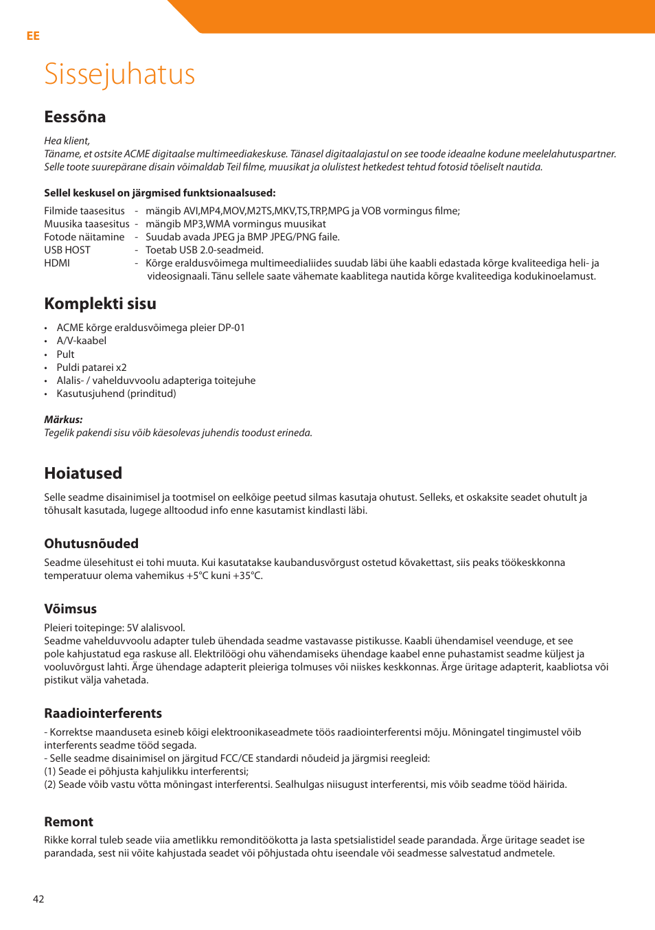 Sissejuhatus, Eessõna, Komplekti sisu | Hoiatused | Acme DP01 User Manual | Page 42 / 164