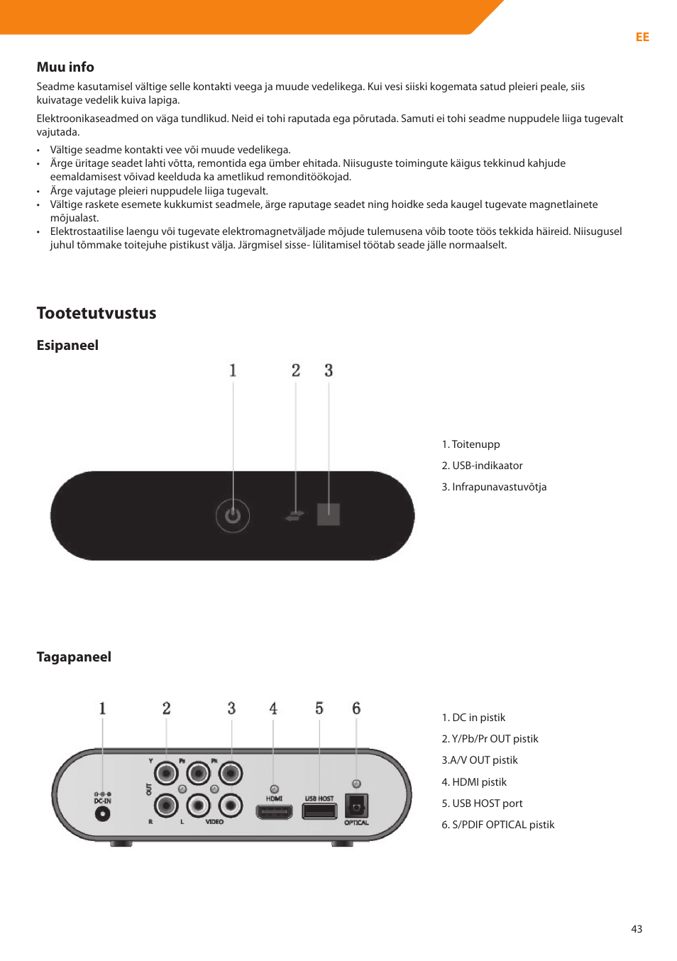 Tootetutvustus, Muu info, Esipaneel | Tagapaneel | Acme DP01 User Manual | Page 43 / 164
