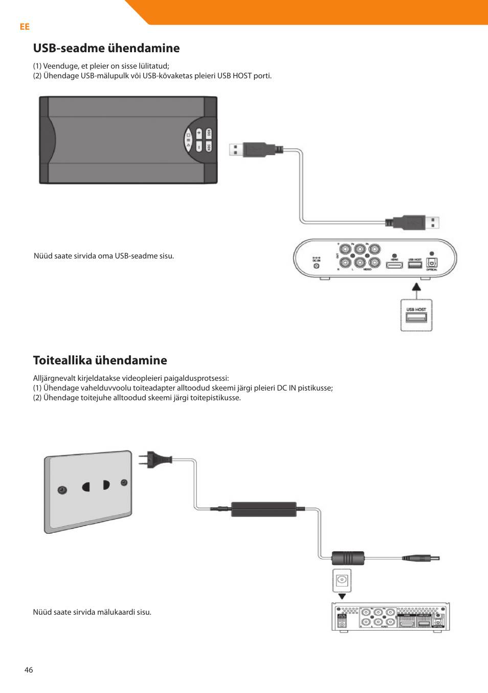 Usb-seadme ühendamine, Toiteallika ühendamine | Acme DP01 User Manual | Page 46 / 164