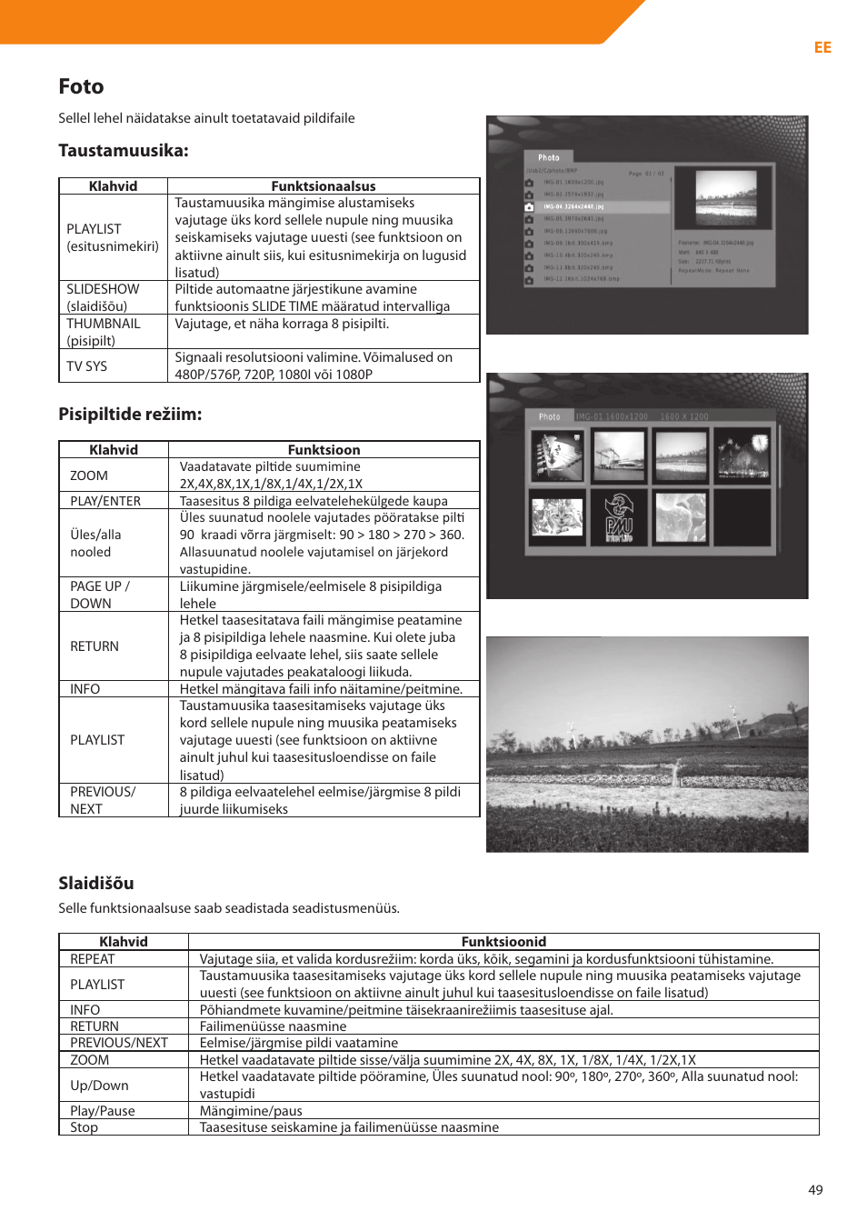 Foto, Taustamuusika, Pisipiltide režiim | Slaidišõu | Acme DP01 User Manual | Page 49 / 164