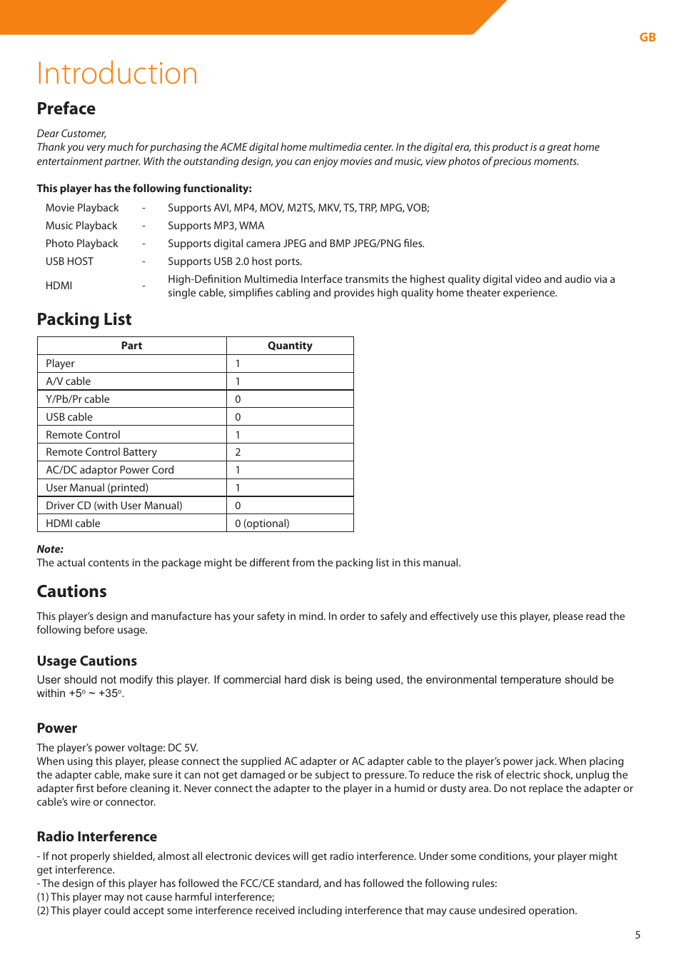 Introduction, Preface, Packing list | Cautions, Usage cautions, Power, Radio interference | Acme DP01 User Manual | Page 5 / 164