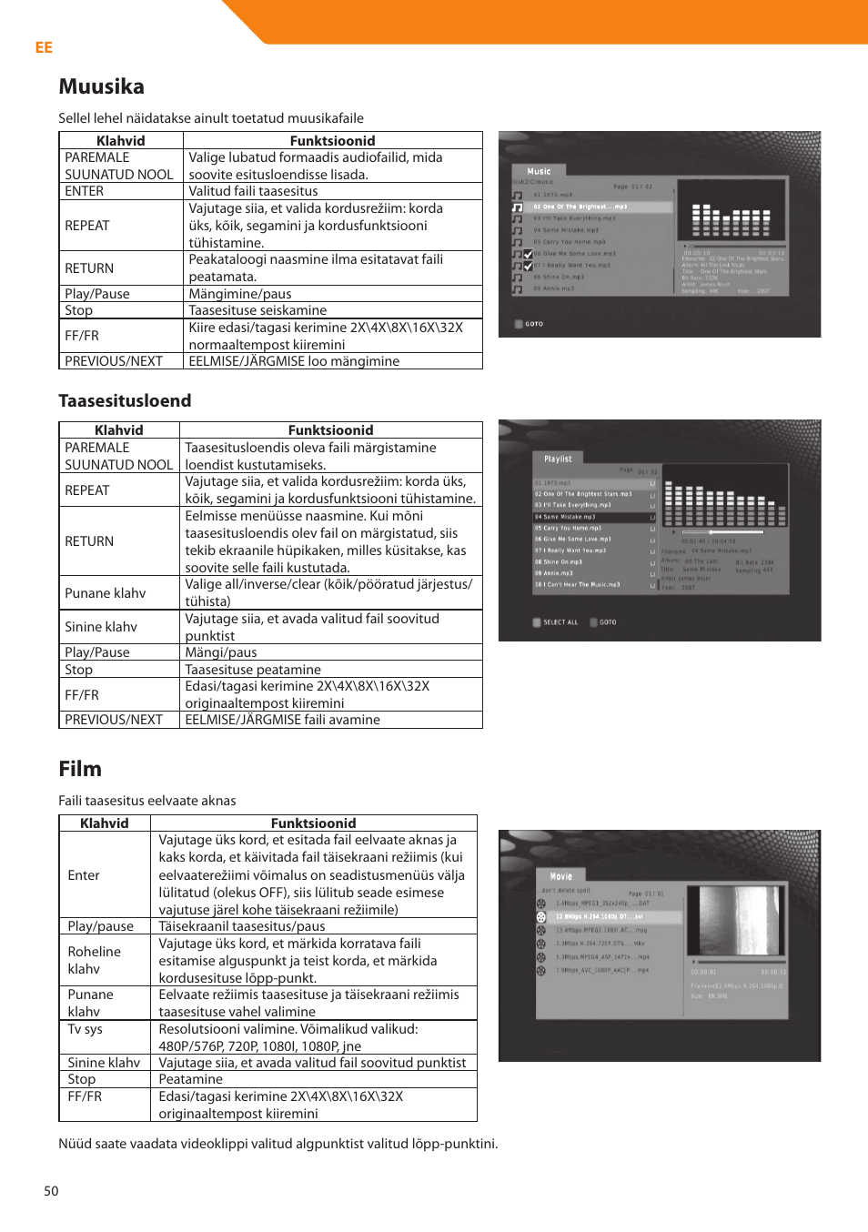 Muusika, Film, Taasesitusloend | Acme DP01 User Manual | Page 50 / 164