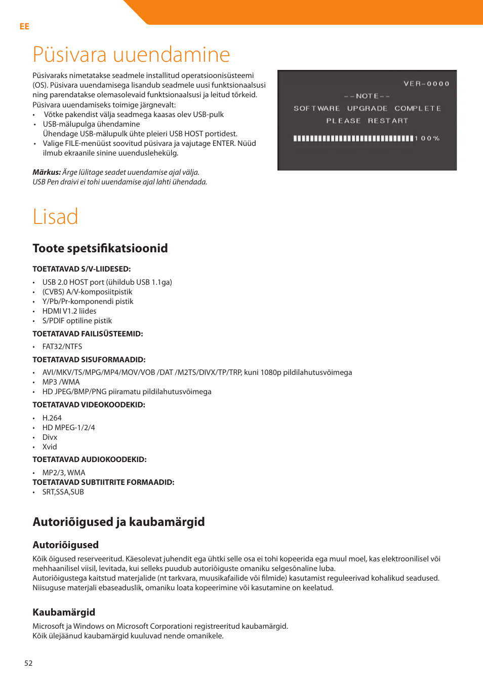 Püsivara uuendamine, Lisad, Toote spetsifikatsioonid | Autoriõigused ja kaubamärgid | Acme DP01 User Manual | Page 52 / 164