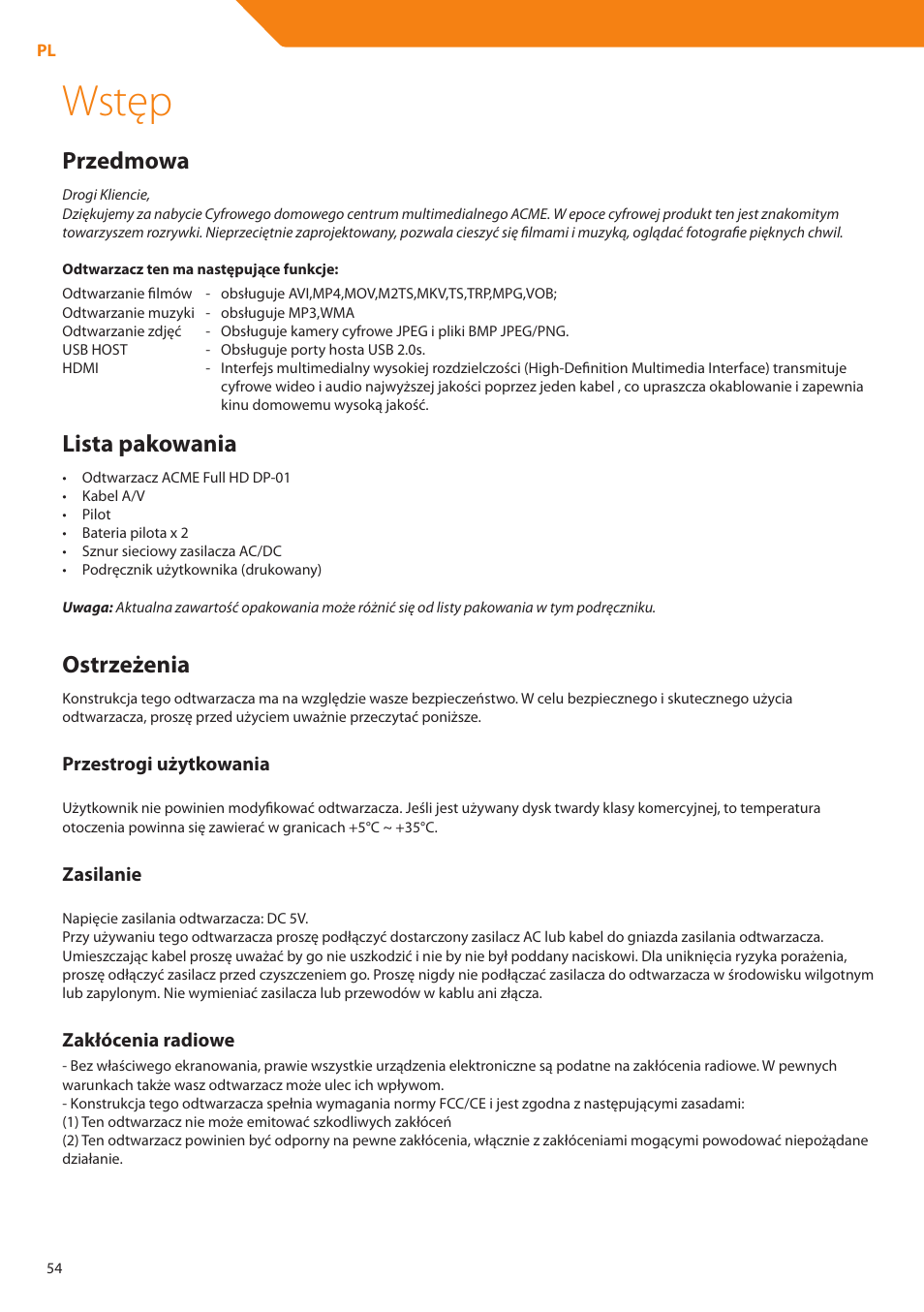 Wstęp, Przedmowa, Lista pakowania | Ostrzeżenia | Acme DP01 User Manual | Page 54 / 164