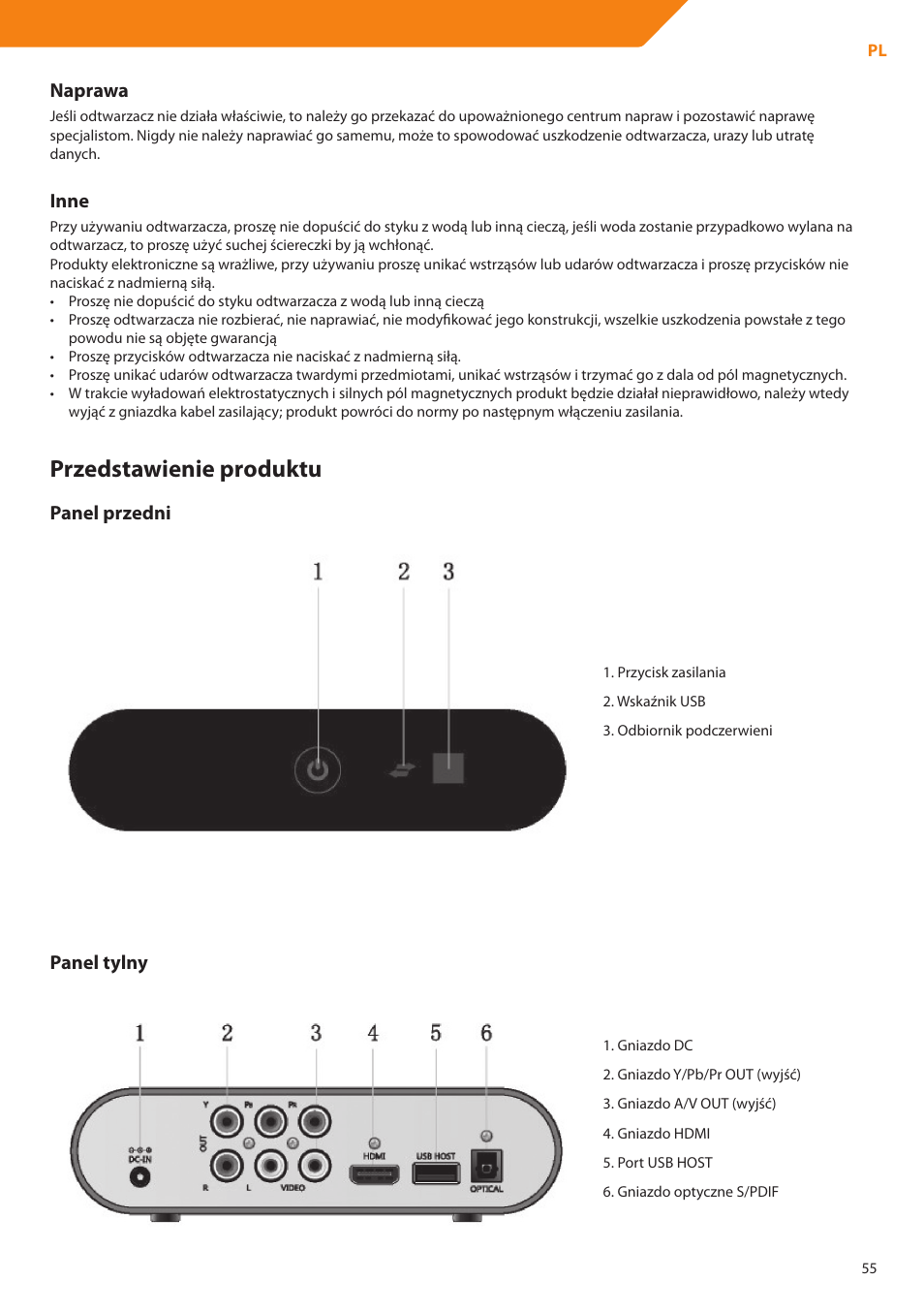 Przedstawienie produktu, Naprawa, Inne | Panel przedni, Panel tylny | Acme DP01 User Manual | Page 55 / 164