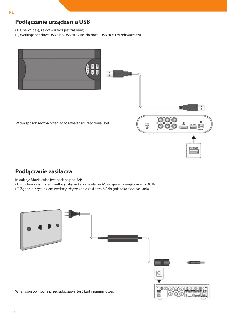 Podłączanie urządzenia usb, Podłączanie zasilacza | Acme DP01 User Manual | Page 58 / 164